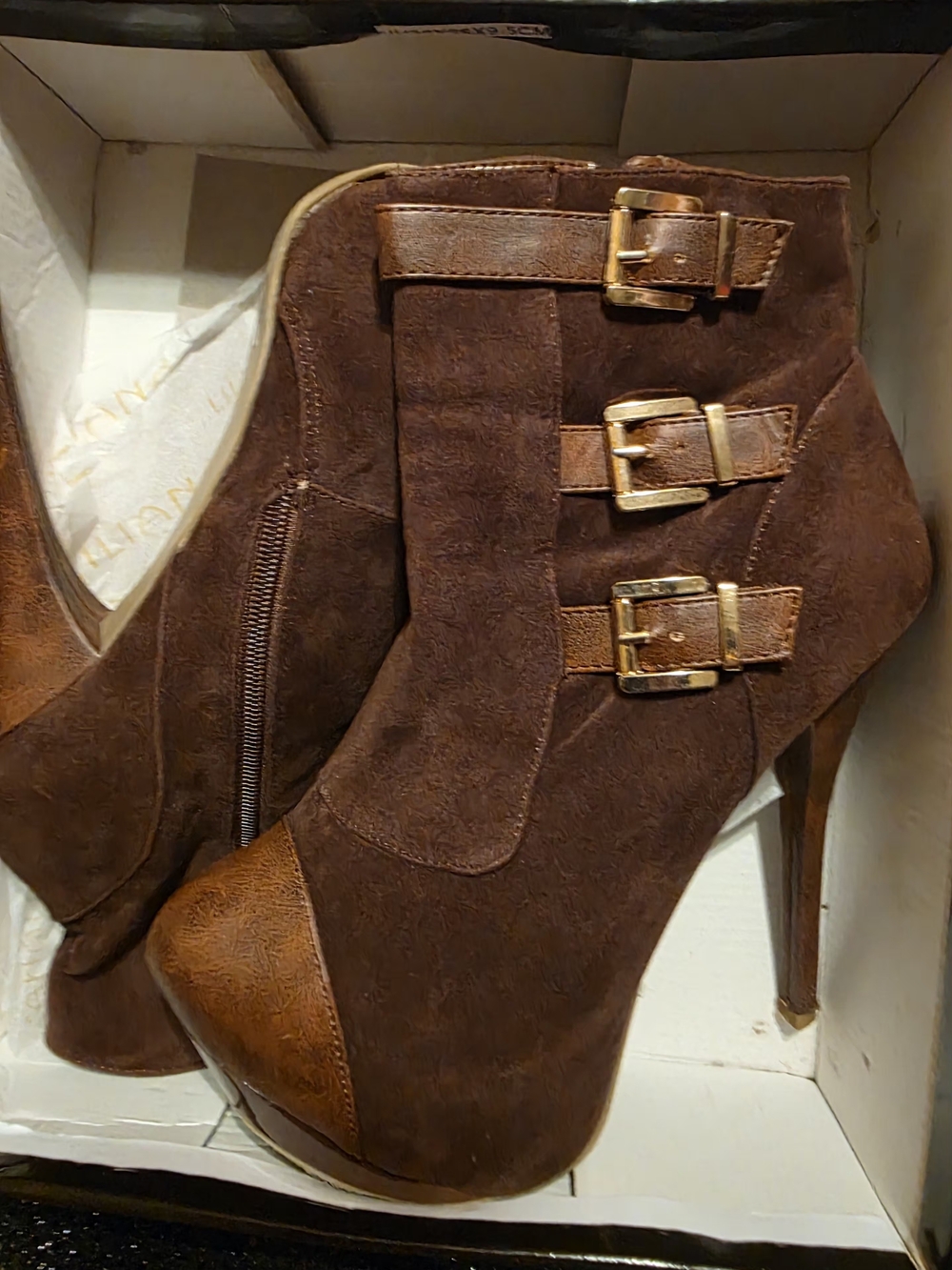 Liliana Brown Two-Tone Buckled Stiletto Ankle Boots